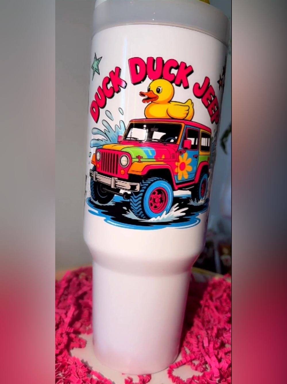 Duck Duck Jeep White Travel Tumbler with Multicolor Graphic